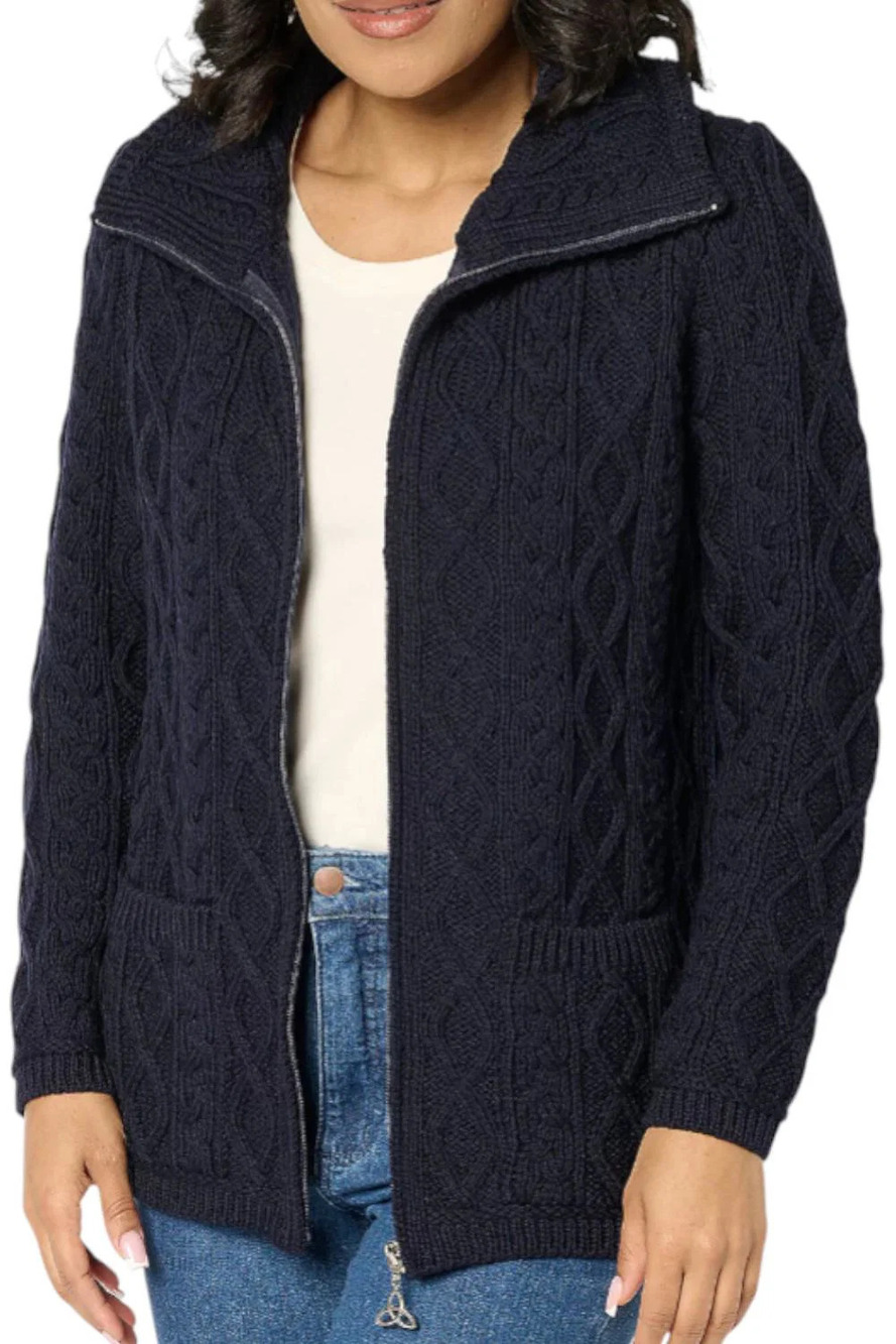 Aran Crafts Women's Merino Wool Zip-Front Sweater w/ Pockets Navy - Regular